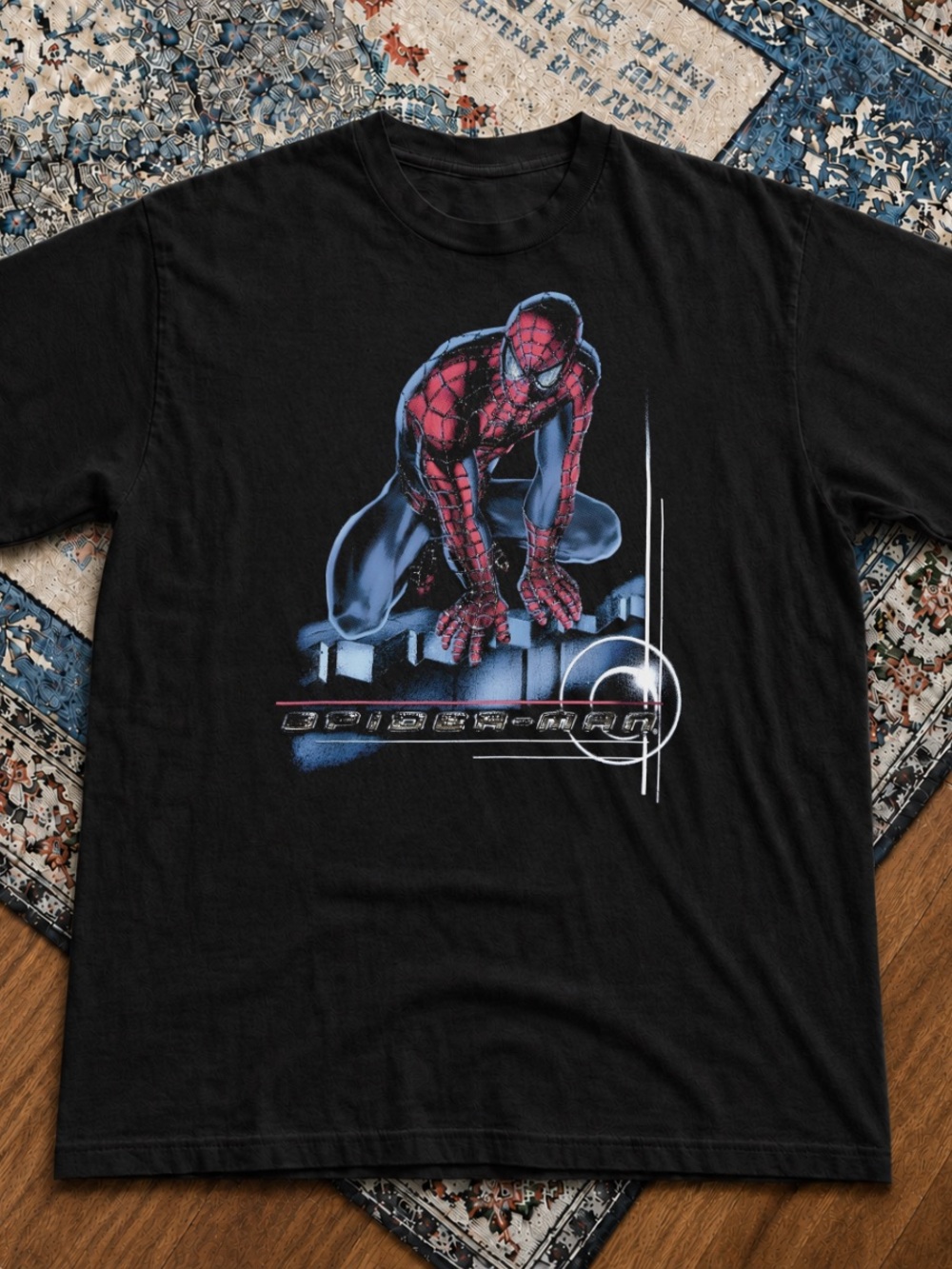 Gildan Black Spider Graphic Tee with Red & Blue Print